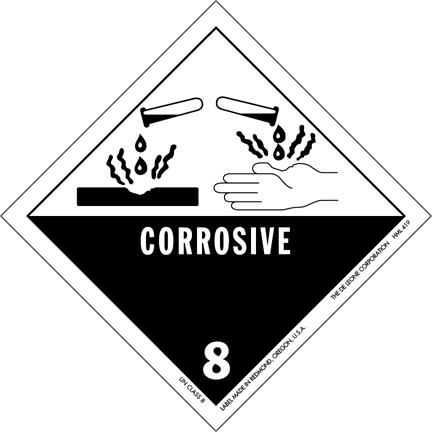 This hazardous materials sign clearly warns those in the area that there are corrosive substances nearby that could inflict serious injuries. The graphic shows the corrosive material not only burning a hand but also going through other solid objects, magnifying the awareness of how dangerous it can be.