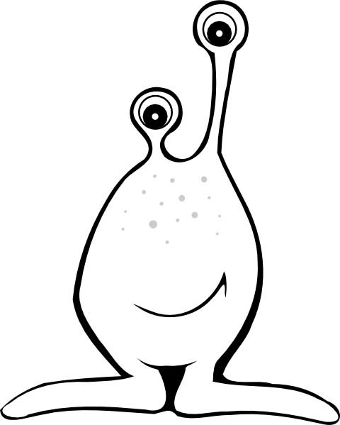 This coloring page for kids features a happy looking alien with large feet and strange eyes.