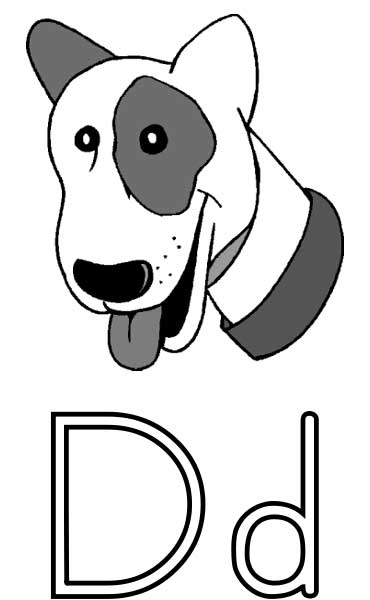 This coloring page for kids features the letter D and a dog.