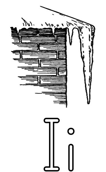 This coloring page for kids features the letter I and an icicle forming off the edge of a roof.