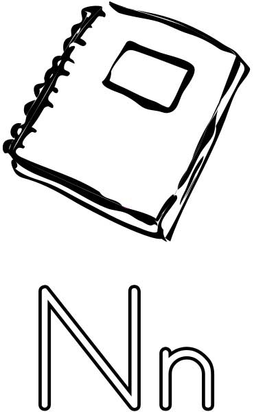 This coloring page for kids features the letter N and a notebook.