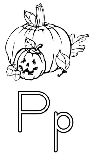 This coloring page for kids features the letter P and a pumpkin.