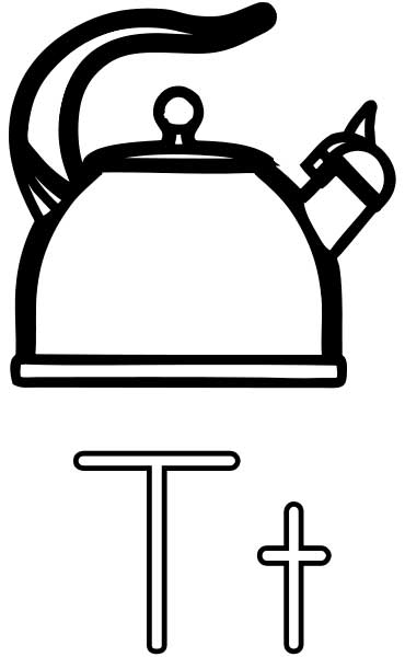 This coloring page for kids features the letter T and a teapot.