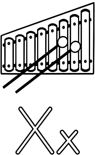 This coloring page for kids features the letter X and a xylophone.