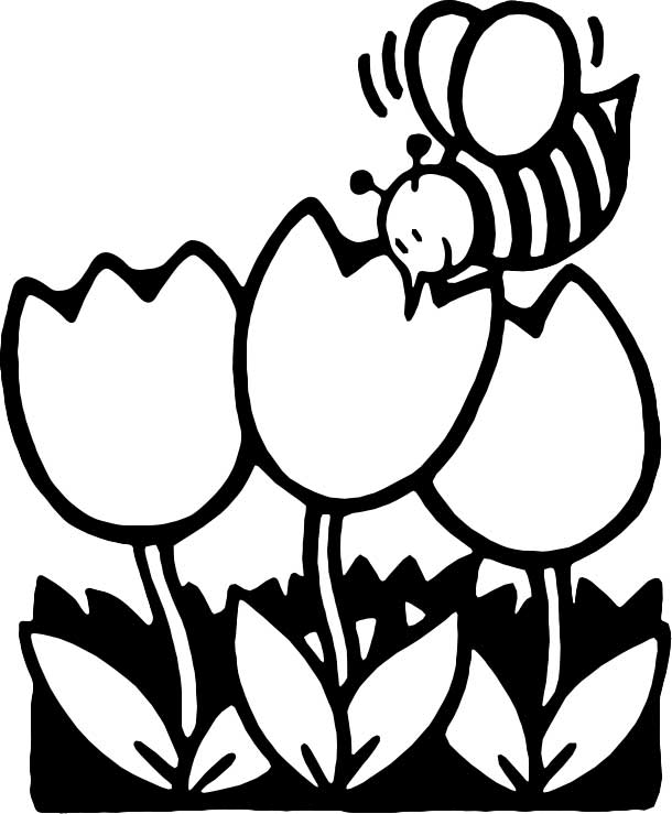 This coloring page for kids features a bee collecting honey while it pollinates flowers.