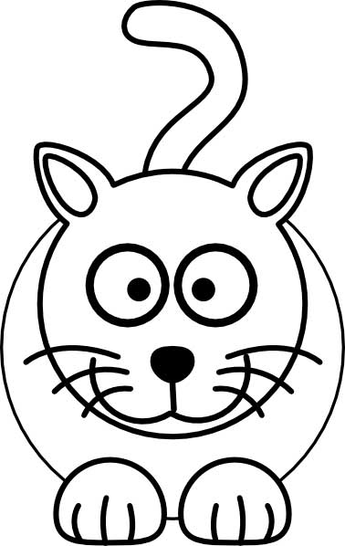 This coloring page for kids features a front on picture of a cute cat with whiskers and a long tail.