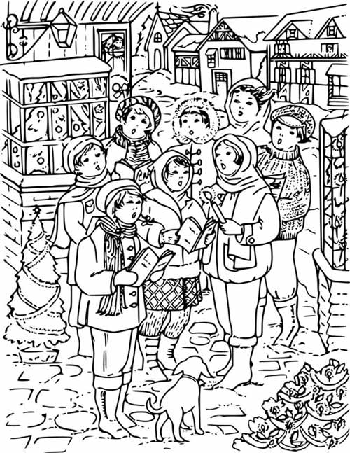 This coloring page features a group of people singing christmas carols on the street during a cold winter's night.