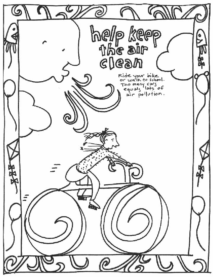 This coloring page for kids focuses on keeping the air clean by riding bikes rather than riding in cars.