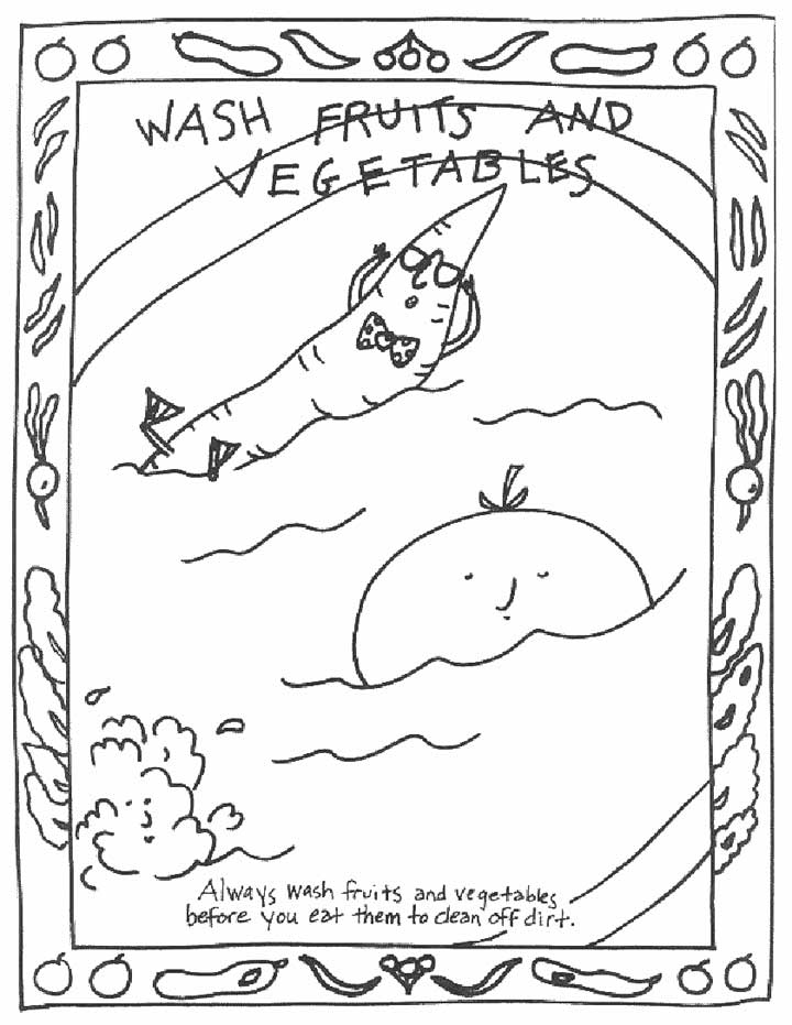 This coloring page for kids focuses on cleaning fruits and vegetables before eating them to ensure that dirt is removed.
