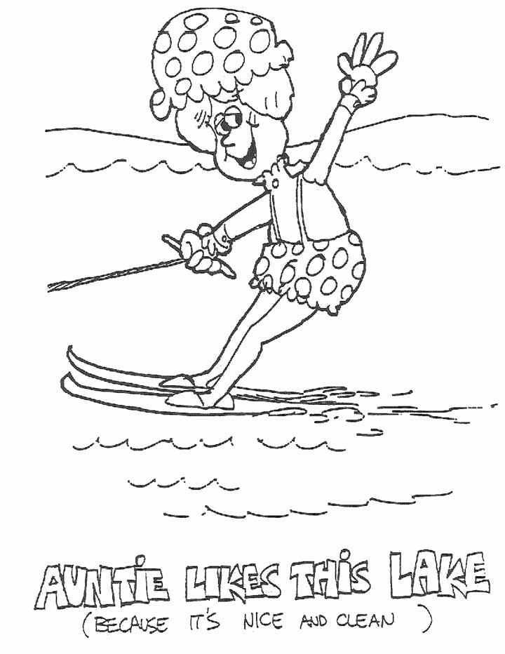 This coloring page for kids features someone's aunty enjoying a beautifully clean lake.