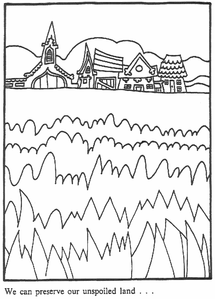 This coloring page for kids features a field with a town in the background.