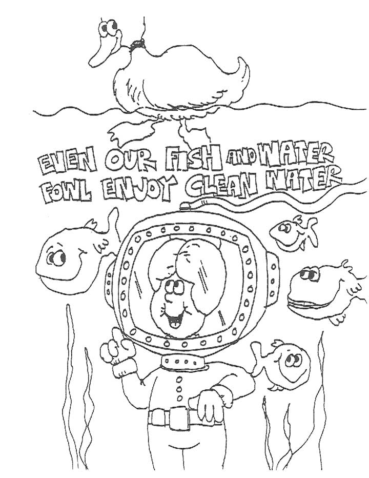 This coloring page for kids focuses on keeping water clean for the sake of fish and water fowl.