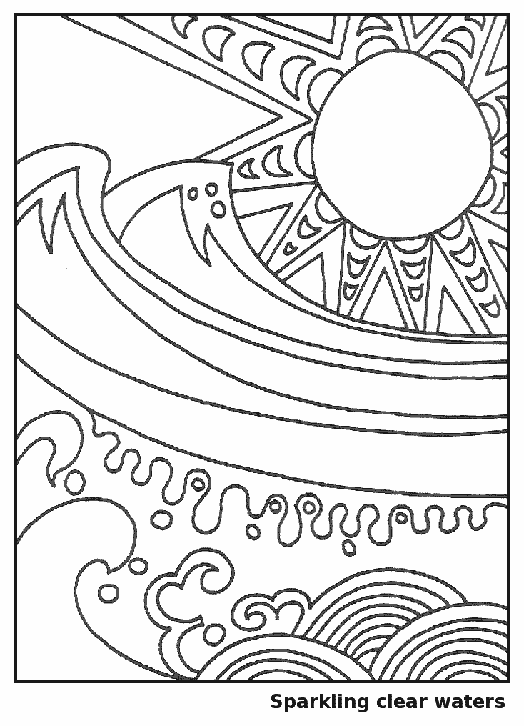 This coloring page for kids features waves crashing in the hot sun.