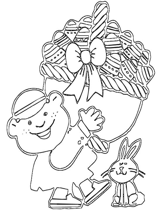 This coloring page features a happy boy carrying a large basket of easter eggs. A bunny rabbit is standing under the basket, next to the boy.