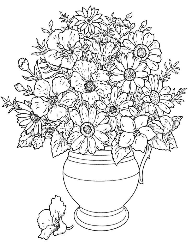 This coloring page features a large pot of flowers. Add some color to make them look bright and beautiful.