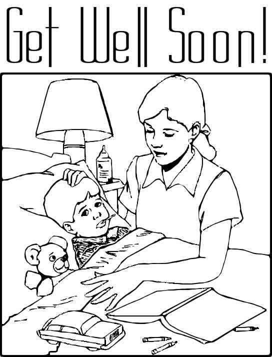This coloring page features a picture of an unwell looking boy being looked after by his mother. The phrase "Get Well Soon!" is written at the top of the picture.