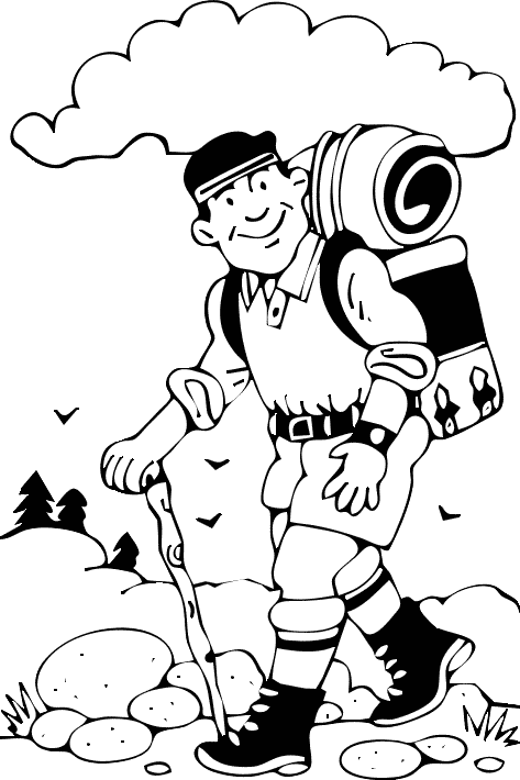 This coloring page features a man enjoying a day of hiking. He is wearing hiking boots and is carrying a walking stick and backpack. Birds, trees, rocks and clouds can all be seen in the background.