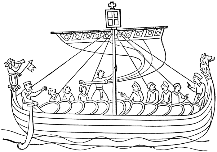 Normans are pictured in a boat sailing over the high seas in this coloring page for kids.