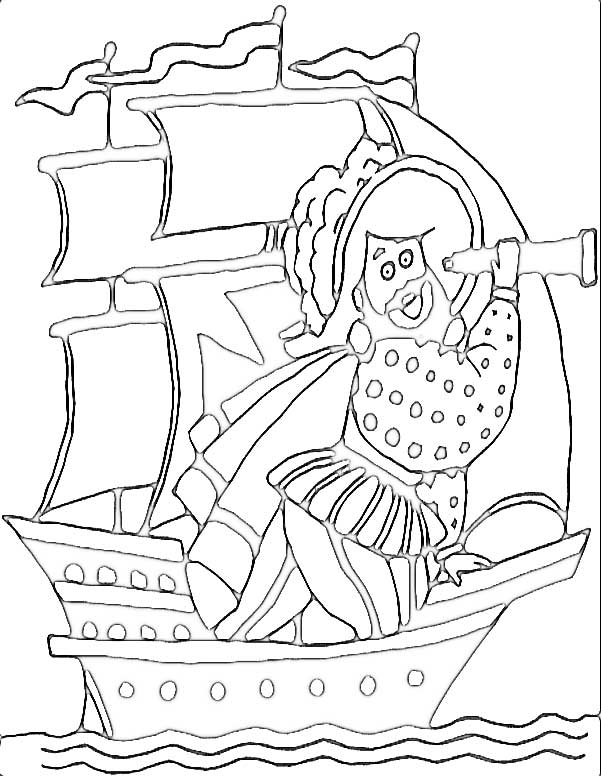 This coloring page for kids features a pirate looking through a telescope while sailing the high seas on his pirate ship.