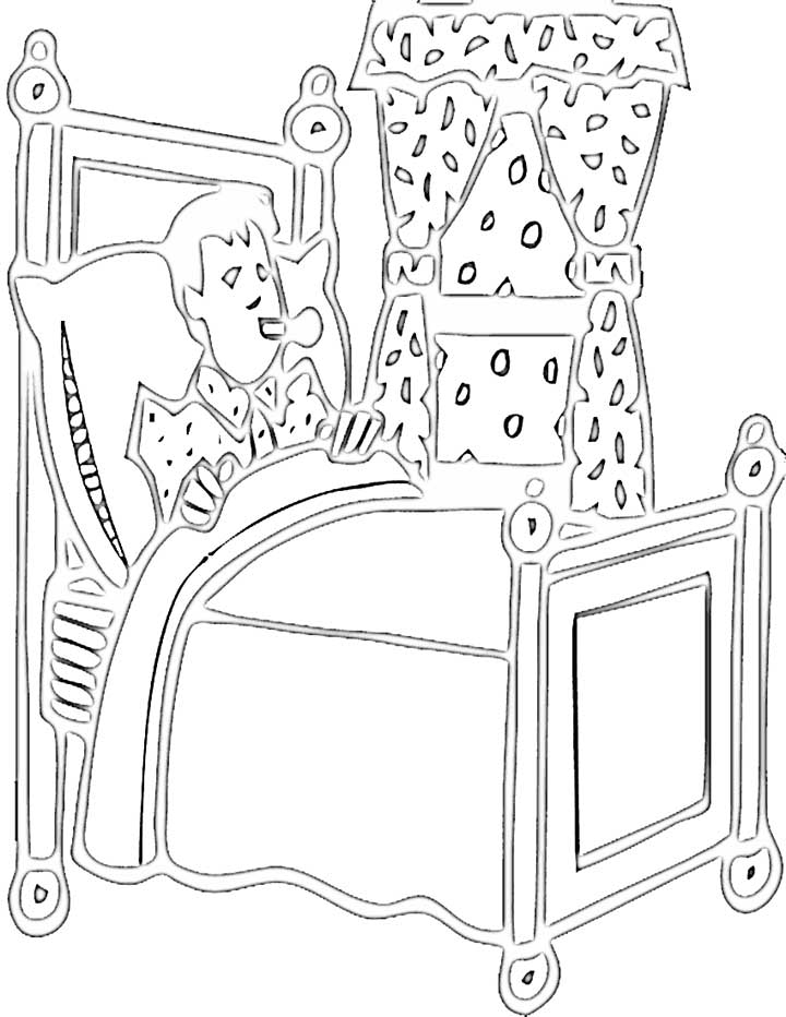 This coloring page features an unwell boy recovering in his bed.