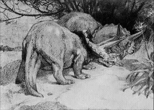 This picture shows a grainy image of two Triceratops dinosaurs fighting by thrusting their horns toward each other.