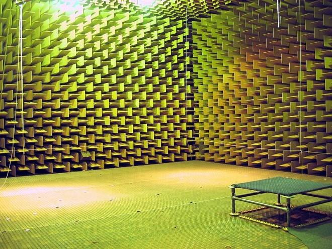 A photo taken from the inside of an anechoic chamber. The effect of rebounding sound waves is kept to a minimum in such an anechoic chamber thanks to the large surface area that absorbs most of the noise.