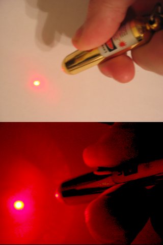 Esta foto mostra um ponteiro laser em ação em duas diferentes condições de iluminação.  A iluminação na imagem de cima é muito mais brilhante do que a imagem de fundo, mas o ponteiro laser é eficaz em ambos.