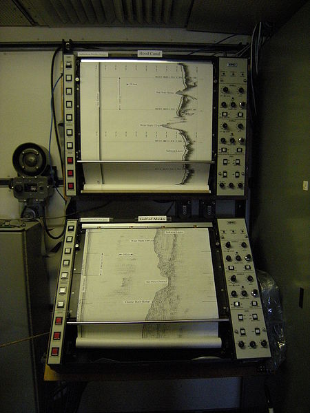 This photo shows sonar profiles in the navigation room of a US research vessel.