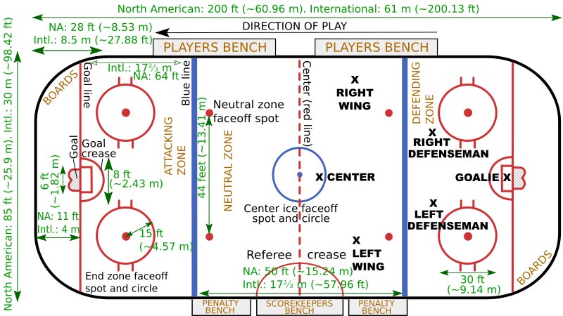 This diagram labels the important parts of an ice hockey rink which include the goal positions and players benches. The diagram also gives dimensions regarding the width and the length of the rink as well as other dimensions that are important inside the rink boundaries.