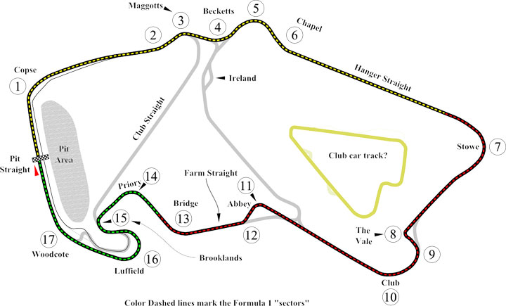 This Silverstone circuit diagram labels all the different corners and