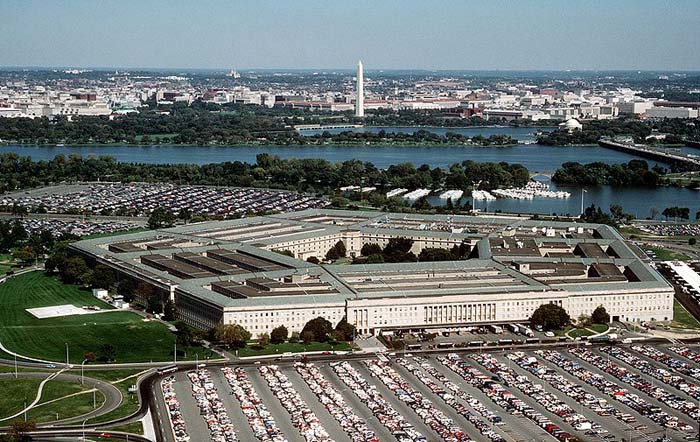 This photo overlooks the Pentagon in Arlington County, Virginia, USA. The Pentagon is the headquarters of the US Department of Defense. Around 25000 people work there and it is the world's largest office building by floor area.