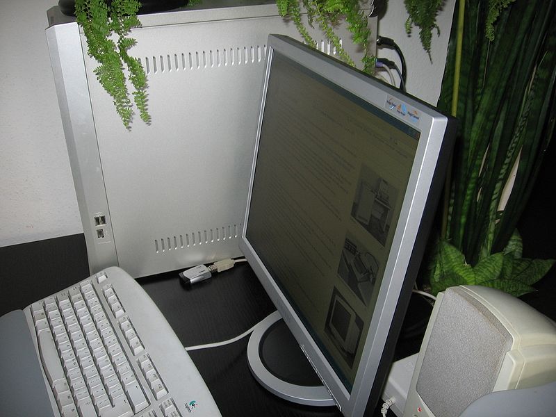 This photo shows a basic home computer set up while focusing on the LCD monitor in the center of the image.