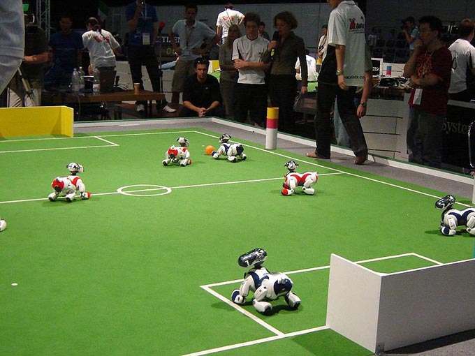 This photo shows a robot soccer match played as part of the RoboCup competition. RoboCup is an international robotics competition that started in 1997. It promotes a number of important research and education areas including technology and artificial intelligence. This particular game featured robotic dogs called AIBO, made by Sony.