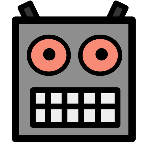 This picture shows a cartoon robot head with big eyes and a wide, robotic grin.