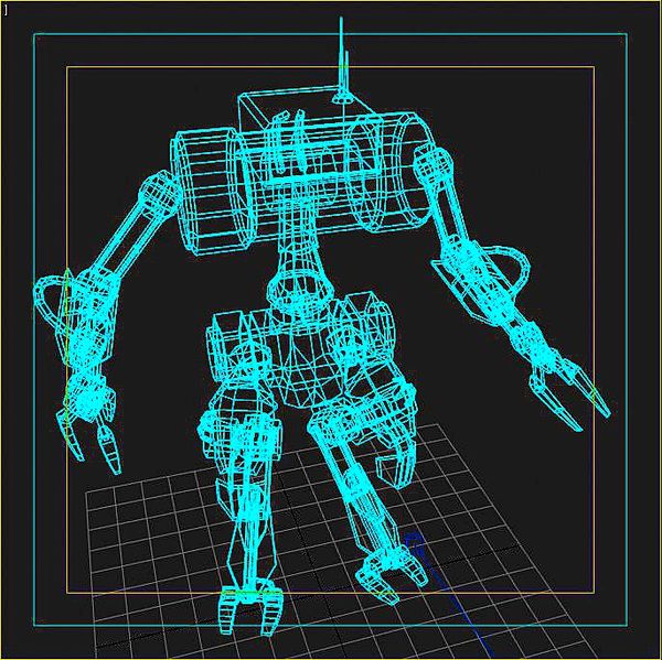 This picture shows a computer generated robot wire frame model. The robot is humanoid shaped with two arms and two legs.