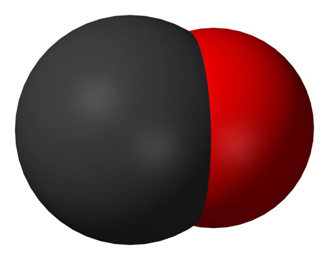 This is a computer generated 3D image of a carbon monoxide molecule. Carbon monoxide contains one carbon atom and one oxygen atom. It is an odorless gas that is highly toxic to humans.