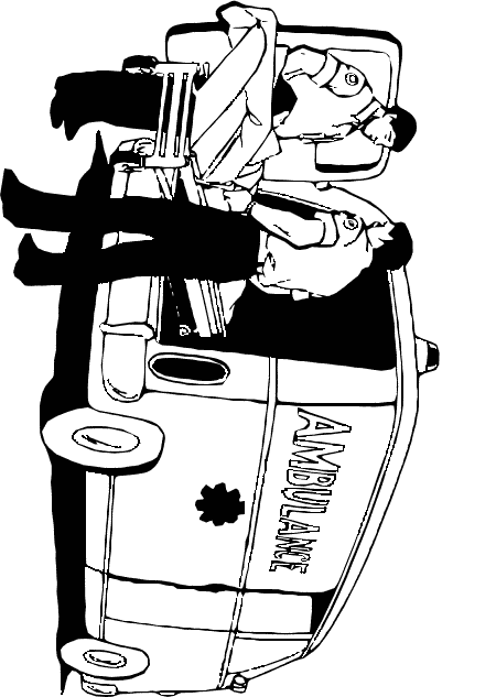 This coloring page features two hospital staff helping a patient into an ambulance.