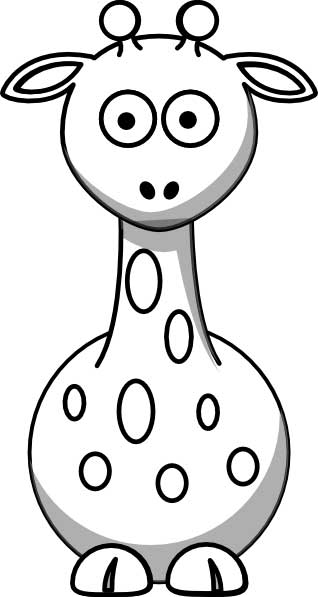 This coloring page for kids features a front on picture of a cute giraffe drawn in a cartoon style with a long neck and dots scattered across its body.