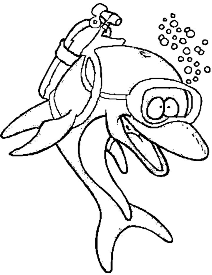 This coloring page for kids features a cartoon dolphin wearing scuba diving equipment.