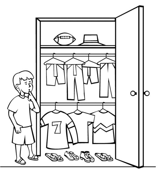 This coloring page features a clothes closet full of shorts, pants, t-shirts, shoes and more. A boy stands next to the closet wondering what he should wear.