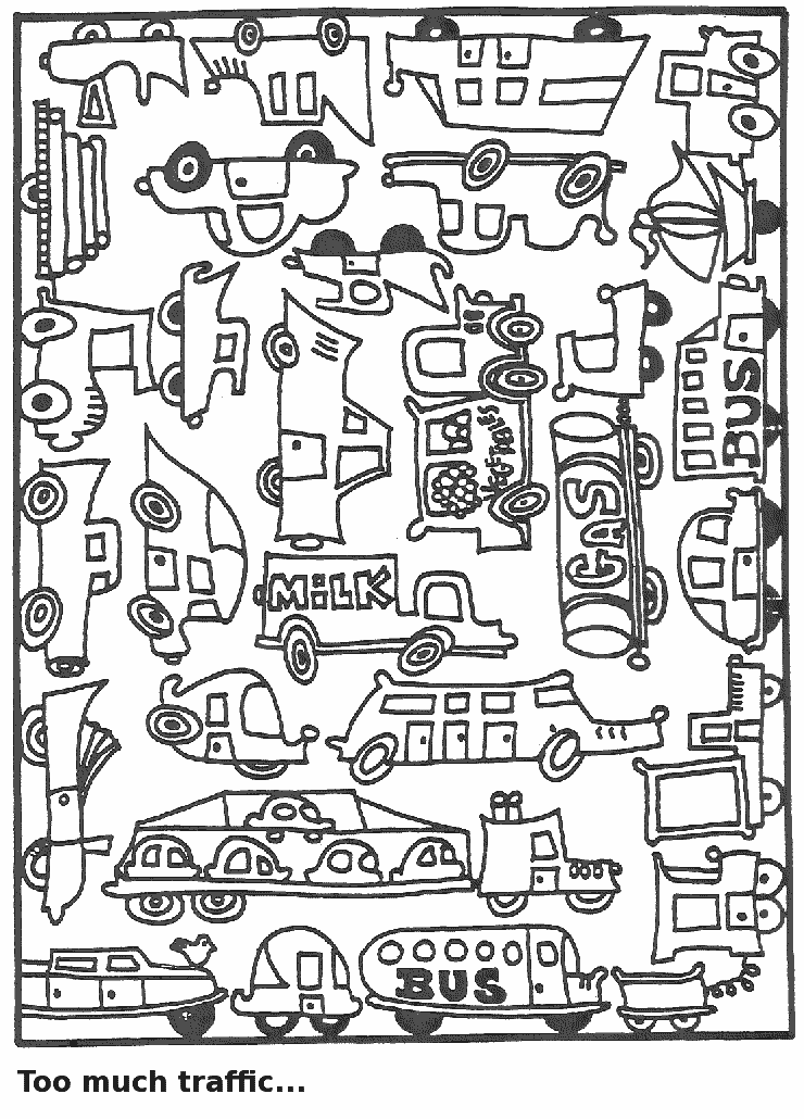 This coloring page for kids features a wide range of different vehicles such as buses, cars, trucks and vans. It emphasises that there is often too much traffic on our roads.