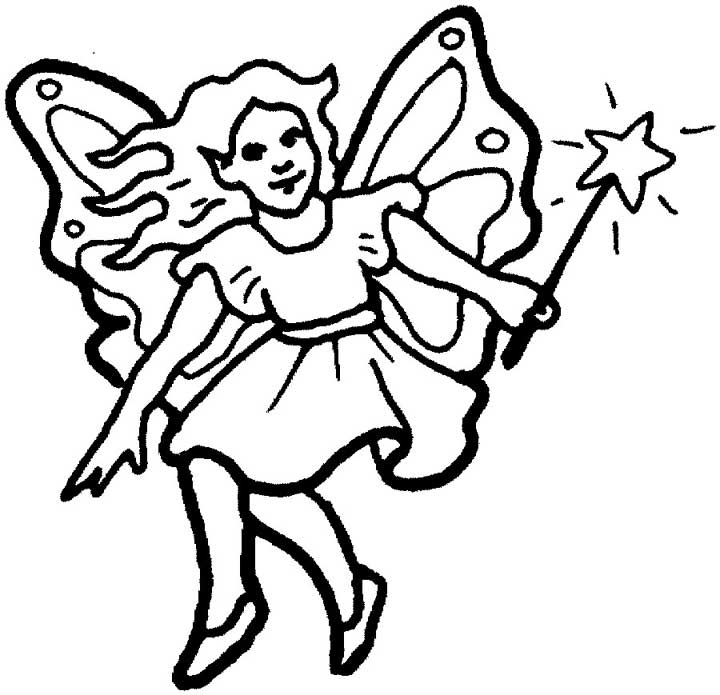 This coloring page features a cute fairy with pretty wings and a star shaped wand.