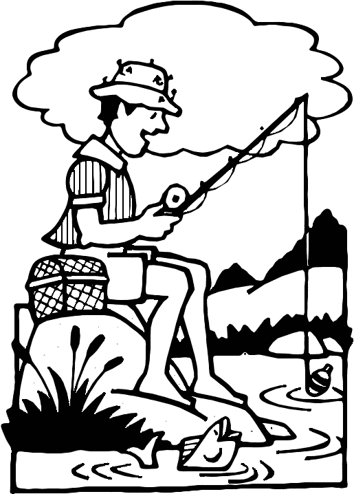 This coloring page features a man fishing in a lake. There is a large cloud in the background and a fish jumping out of the water at the bottom of the picture.