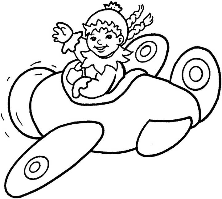 This coloring page features a girl riding a cartoon plane while waving behind her.