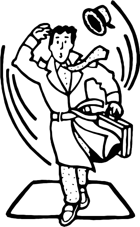 This coloring page for kids features a man holding a briefcase and wearing a coat on a windy day. The man struggles to hold on to his hat as it blows away in the strong wind.