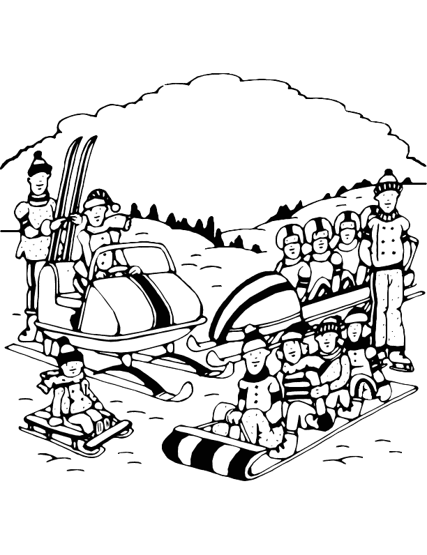 This coloring page for kids features a group of adults and children enjoying a range of fun winter activities and sports such as sledding and skiing.