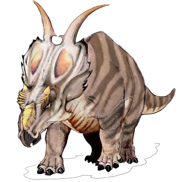 This drawing shows the possible appearance of Achelousaurus, a dinosaur from the late Cretaceous Period (around 80 million years ago) that lived in what is now North America. Achelousaurus was a herbivore that reached around 6 metres (20 feet) in length and featured two distinct horns coming from its neck frill. It was named in 1995 by paleontologist Scott Sampson.