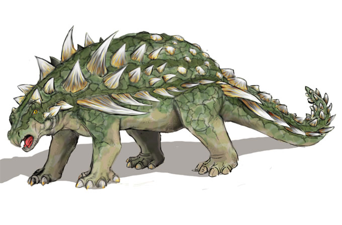 This drawing shows the possible appearance of Gastonia, a dinosaur from the early Cretaceous Period (around 125 million years ago). Gastonia featured a sacral shield and large spikes on its shoulders. It was named by James Kirkland in 1998 after remains were found in Utah, USA.