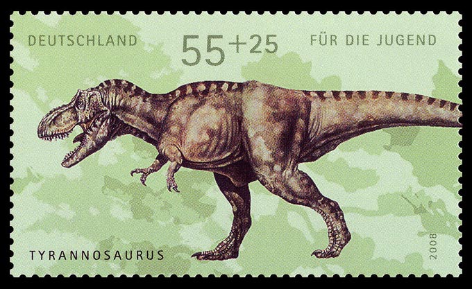 This picture shows a German postage stamp featuring the Tyrannosaurus rex. Tyrannosaurus rex was a large Theropod dinosaur that lived during the late Cretaceous Period (around 66 million years ago).