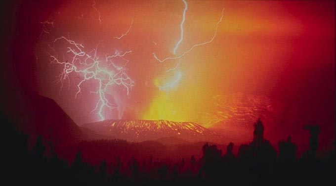 This incredible photo shows the rare occurence of lightning that forms from the generation of electrical charges inside the ash plumes of an erupting volcano.